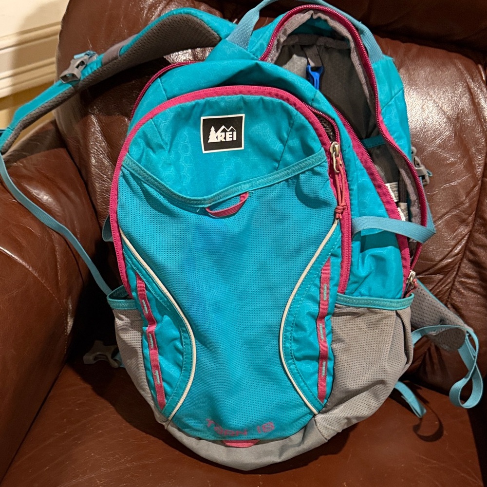 REI Teal and Gray Kids Backpack with Pink Accents